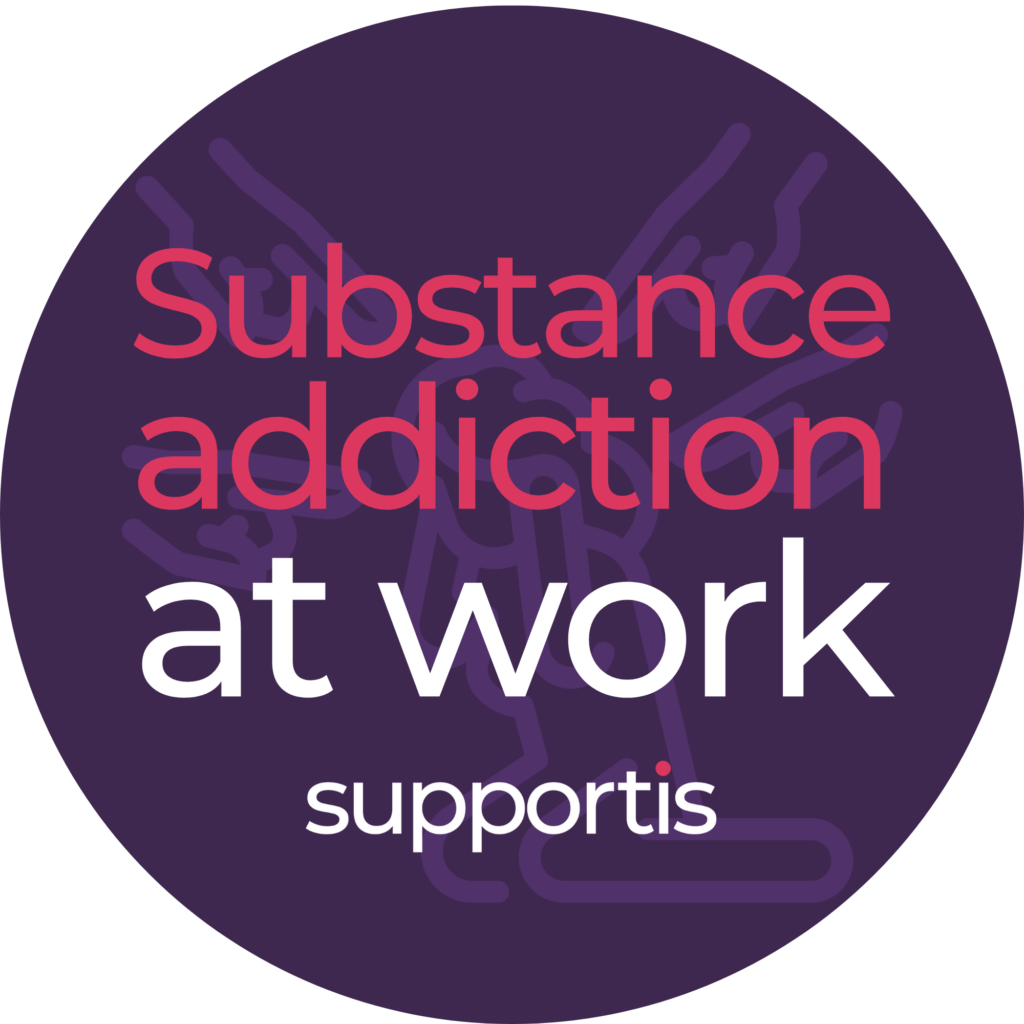 A person's face partially obscured, perhaps looking down or away, conveying a sense of hidden struggle or shame, set against a blurred background that suggests a busy office environment, representing the hidden nature of addiction in the workplace